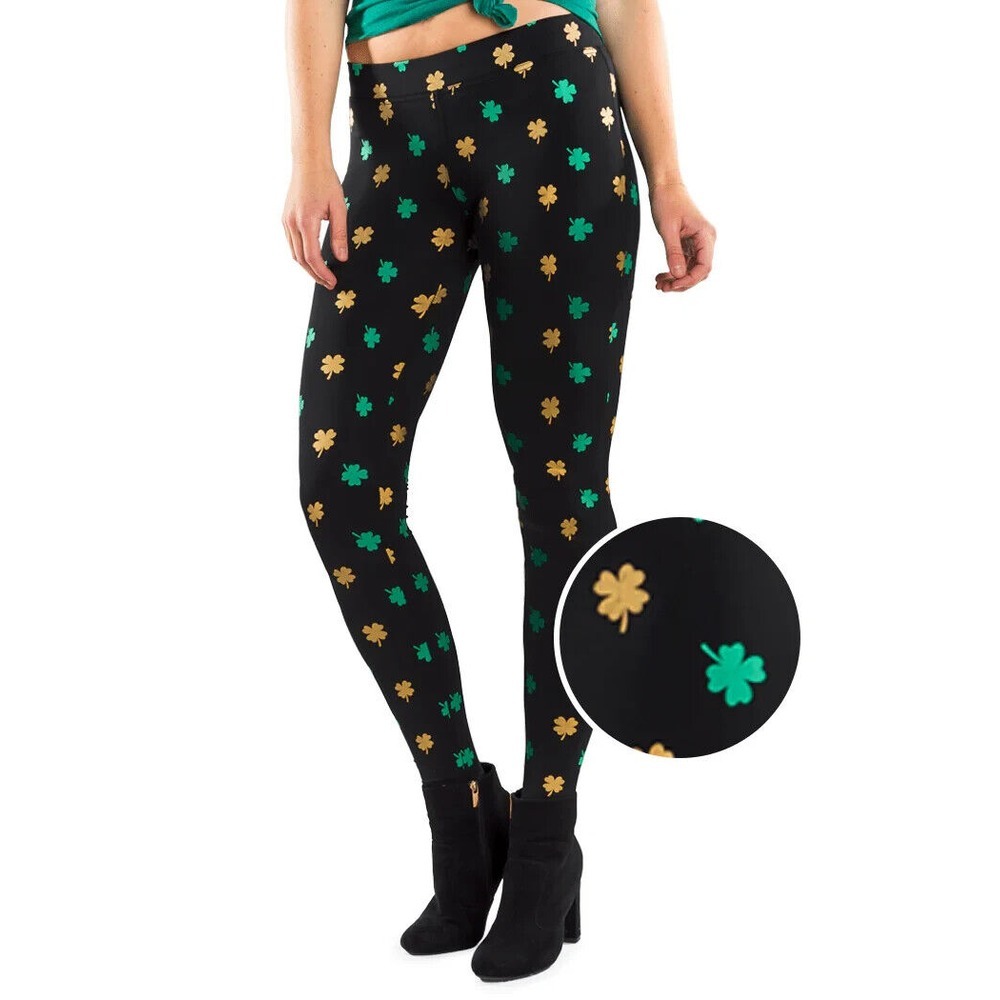 TIPSY ELVES GOLD‎ FOIL CLOVER HIGH RISE LEGGINGS Women's Size XL  NEW ST PAT DAY